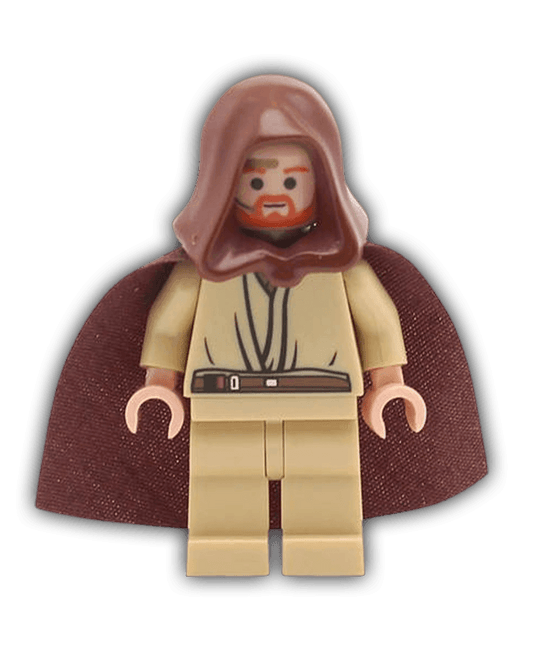 LEGO Star Wars Minifigure Obi-Wan Kenobi - Young, Light Nougat, Reddish Brown Hood and Cape, Gold Headset (SW0234) - BricksAndFigsDE